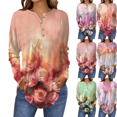 Футболки для женщин, осенние повседневные рубашки с длинным рукавом на пуговицах, толстовка с винтажным принтом, топ, пуловер