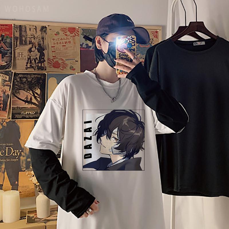 Футболка с аниме Bungou Stray Dogs Harajuku, крутая футболка с мангой Осаму Дадзай, хип-хоп, мужская футболка большого размера с длинными рукавами, летняя футболка в полоску