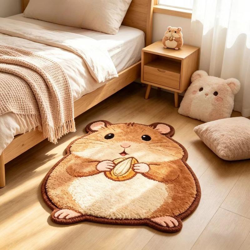 Irregular Hamster Shaped Rug Cute Chubby Hamster Holding Sunseed Fluffy Plush Non Slip Bedroom Bedside Floor Mat