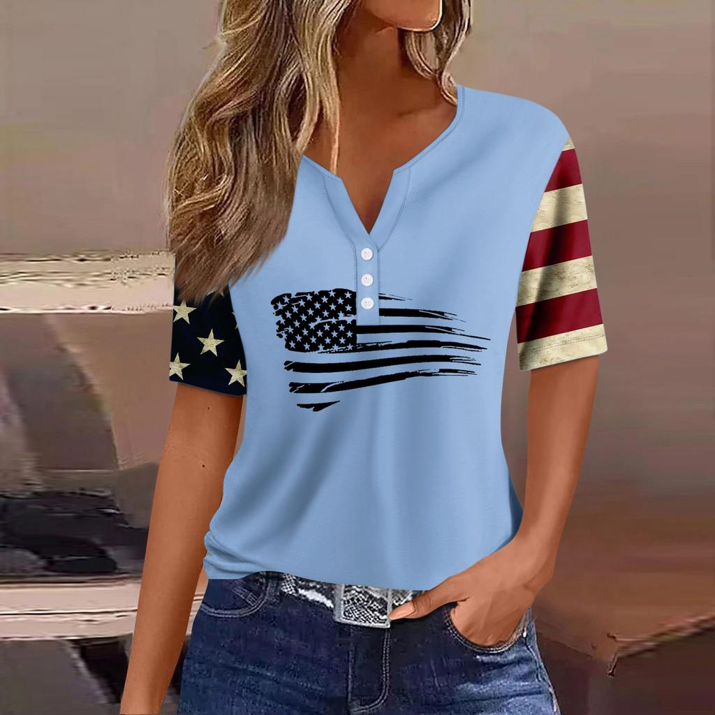 Жен. Футболка Футболка С принтом Пуговицы С короткими рукавами Повседневные Выходные Мода Классический V-образный вырез Обычный Верх
