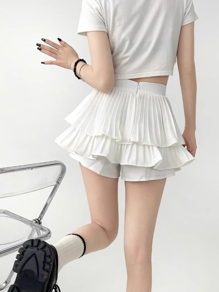 Kawaii Mini Skirt Women High Waist Ruffled Pleated Tulle Cake Slim Skirt Shorts Female Korean White Lolita Skirt Large Size