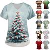 Women's Cute Printed Work Clothes V-neck Double Layer Pockets Basic Short Sleeve Top Pullover Christmas