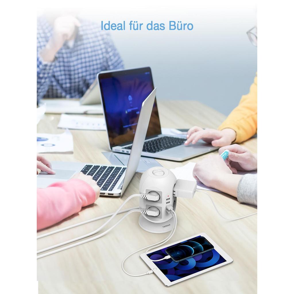 Tessan Башня с несколькими розетками и 3/4 USB-портами, удлинительный кабель 2 м, вертикальная вилка, электрическая розетка, защита от перенапряжения для дома