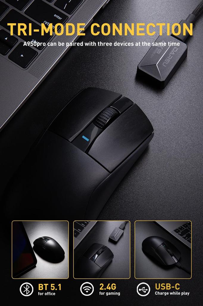 DAREU A950PRO Gaming Mouse 4K Wireless 55g Ultra Light Wireless PAW3395 Sensor 26000DPI Connectable Fast Charging with 4000Hz Receiver Year