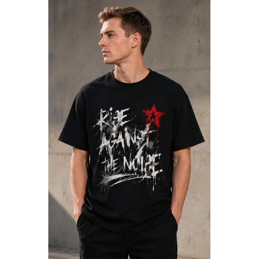 Мужская черная футболка с графическим принтом 'Rise Against The Noise', с коротким рукавом, круглым вырезом, из смесовой хлопковой ткани, повседневная, уличный стиль, для ежедневного ношения