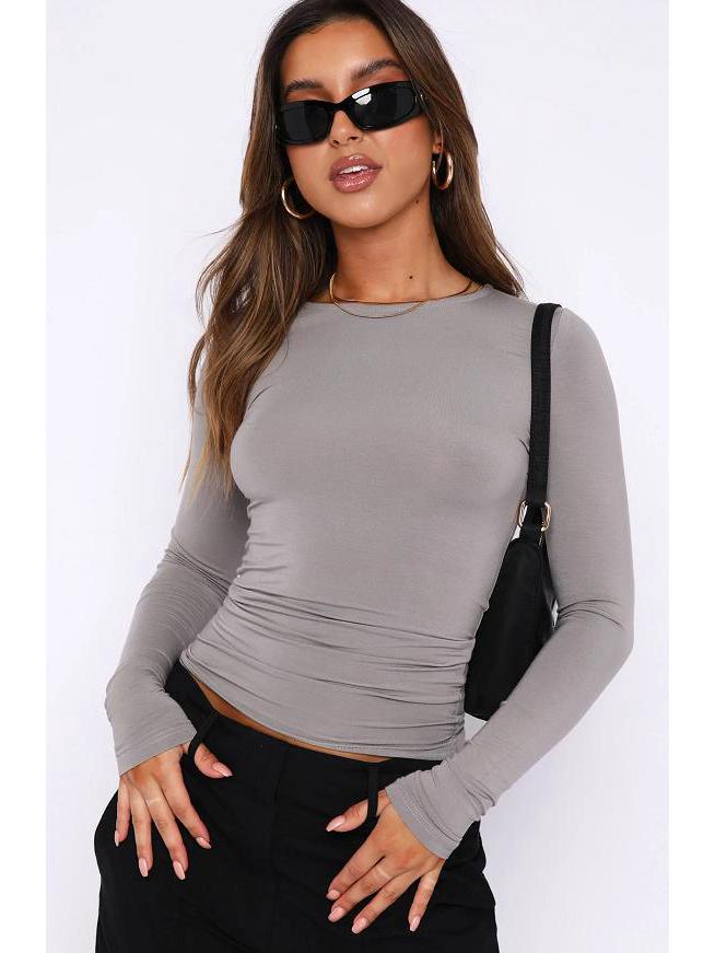 2023 Женская футболка с длинным рукавом, приталенная, нестандартная, однотонная, с круглым вырезом