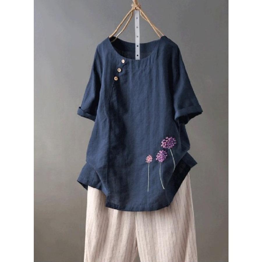 Блузка больших размеров, повседневные хлопковые льняные топы в стиле ретро, ​​винтажная рубашка с вышивкой для женской одежды