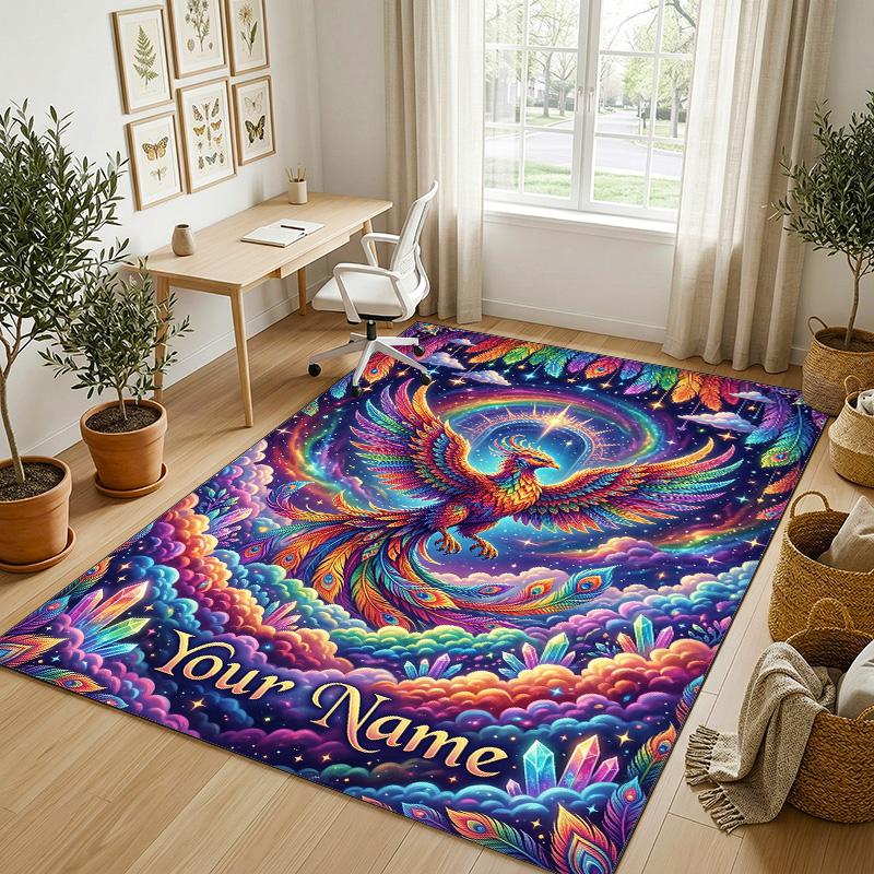 Dragon Phoenix Theme Crystal Velvet Rug Personalized Custom Name Text Soft Floor Mat Home Decor