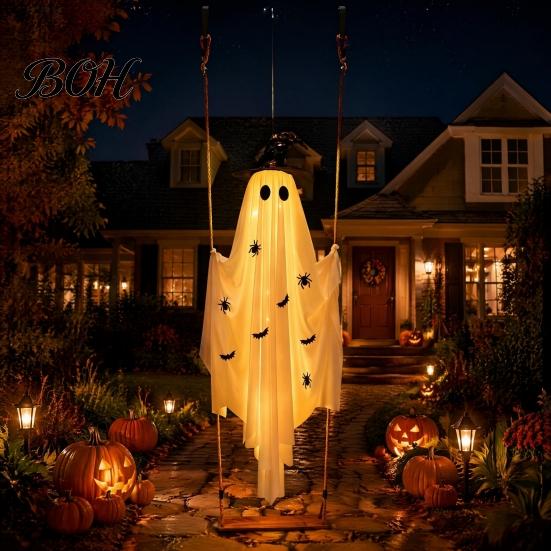 Spooky Glowing Garden Accents Large Hanging Swing Ghost Halloween Decoration, 5FT on A Lighted for Tree Branches with Witch Hat Porch Yard Lawn Remote