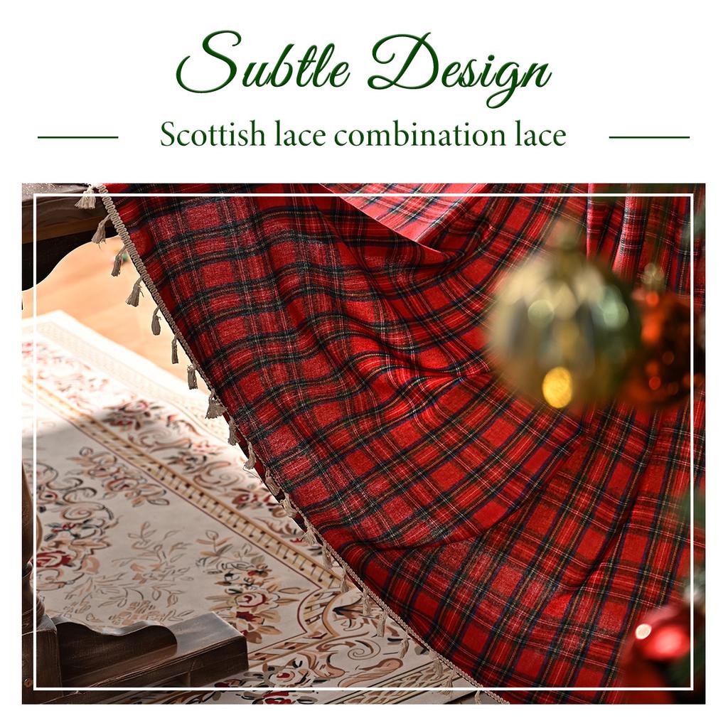 2025New Plaid Pattern Curtains Lace Curtains Rod Tassel Curtains Vintage Red Curtains