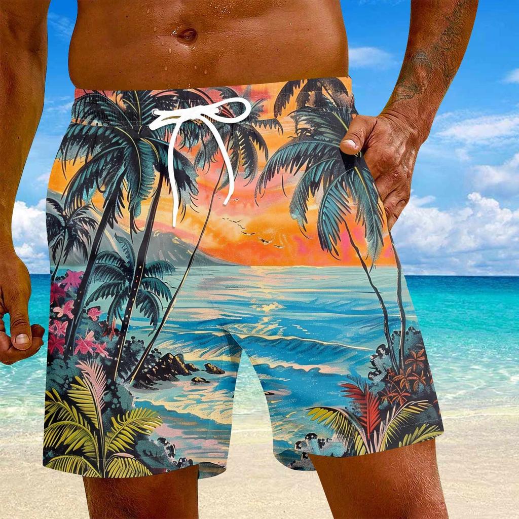 Men's Fashion Hawaiian Print Elastic-Waisted Casual Yoga Pants Beach Shorts