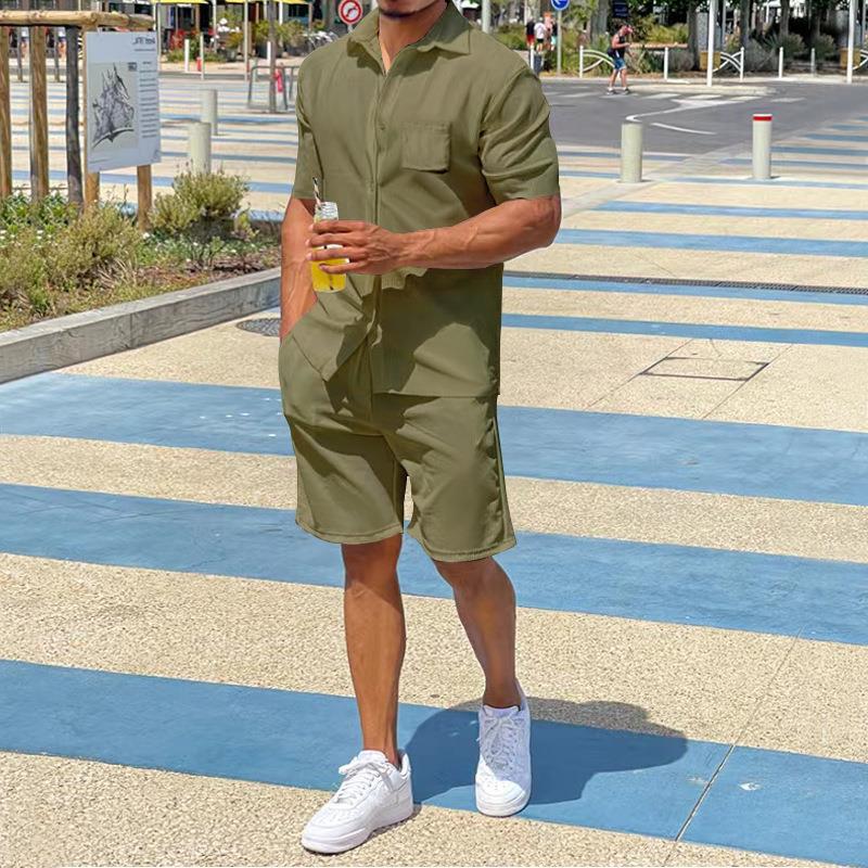 Summer Men's Short-sleeved Shorts Suit Linen Thin Section Lapel Loose Solid Colour Men's Two-piece Suit