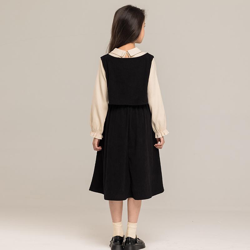 Платье с длинными рукавами для девочек, имитация двухсекционного платья принцессы в стиле вестерн, осенняя юбка 2025 года в стиле колледжа для девочек, флисовая подкладка
