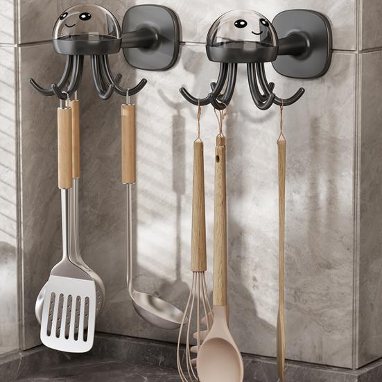 Пластиковая настенная полка-органайзер с прочным клейким креплением, грузоподъемная, в форме мультяшного осьминога, дизайн с шестью крючками, полка для хранения в ванной