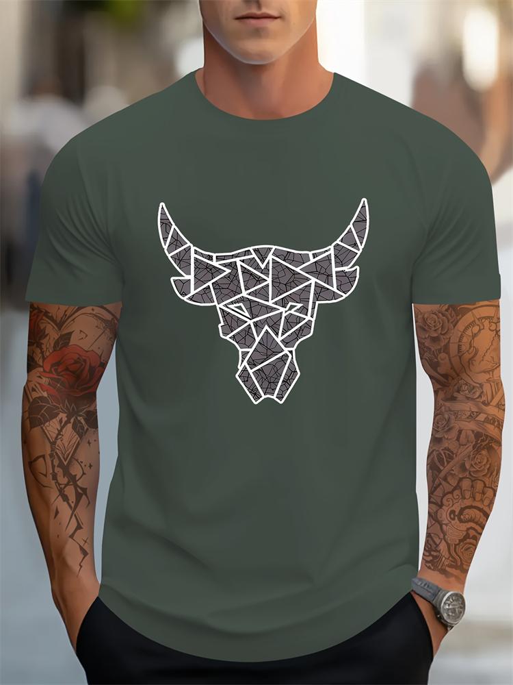 2024 New Summer Daily Casual Men's T-shirt Outdoor Street Men Fashion Short-sleeved Top 3D Bull Head Print Men's T-shirt