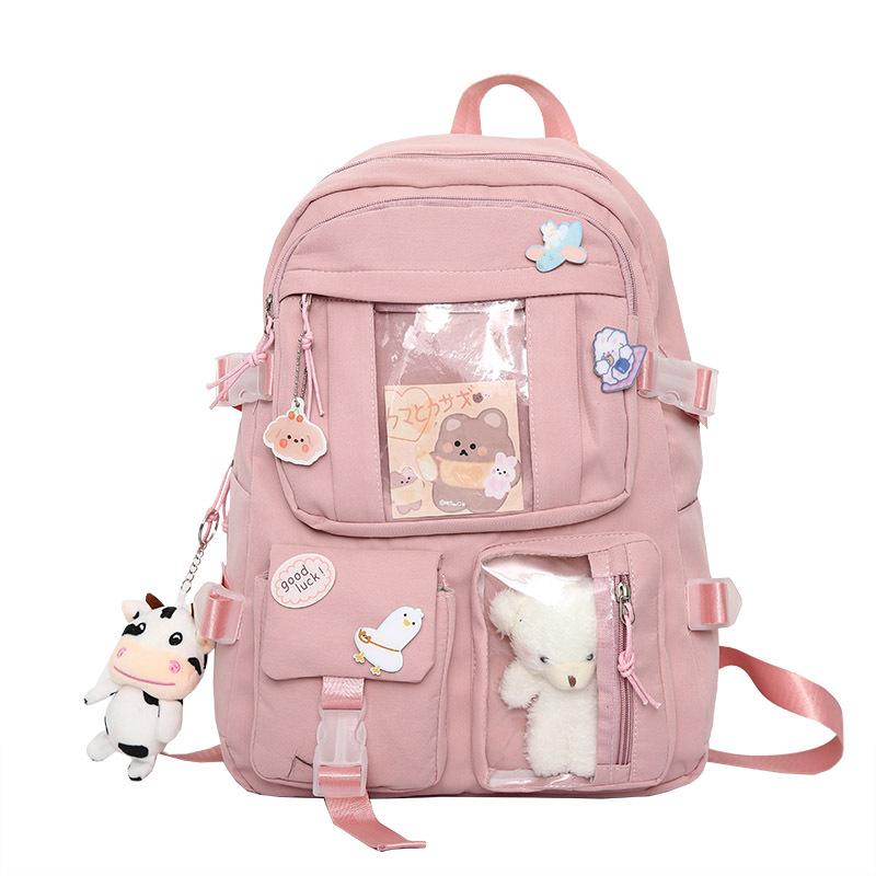 Girls Backpack Cute School Bags for Student Teens Girls Pockets Women Laptop Backpack Harajuku Pendant Backpack Cartoon Cute Badge Bear Bag