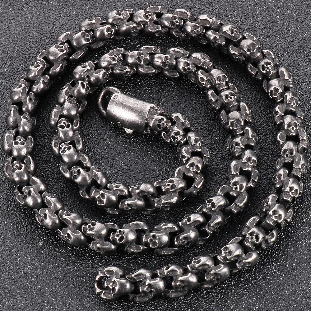 Мужское ожерелье в стиле панк-готика со всеми черепами, цепочка из цельной нержавеющей стали, скелет, ювелирные изделия, 50–70 см, длинное ожерелье, чокер для мужчин
