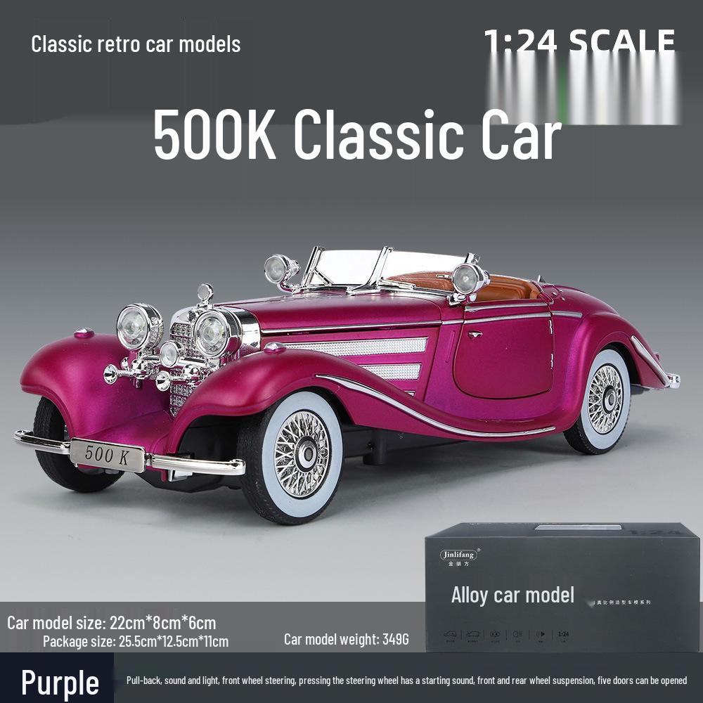 1/24 Mercedes-Benz 500K Модель автомобиля из легкого сплава со звуком и светом: Классический ретро-украшение с откидной крышкой, подарочная коробка к празднику середины осени