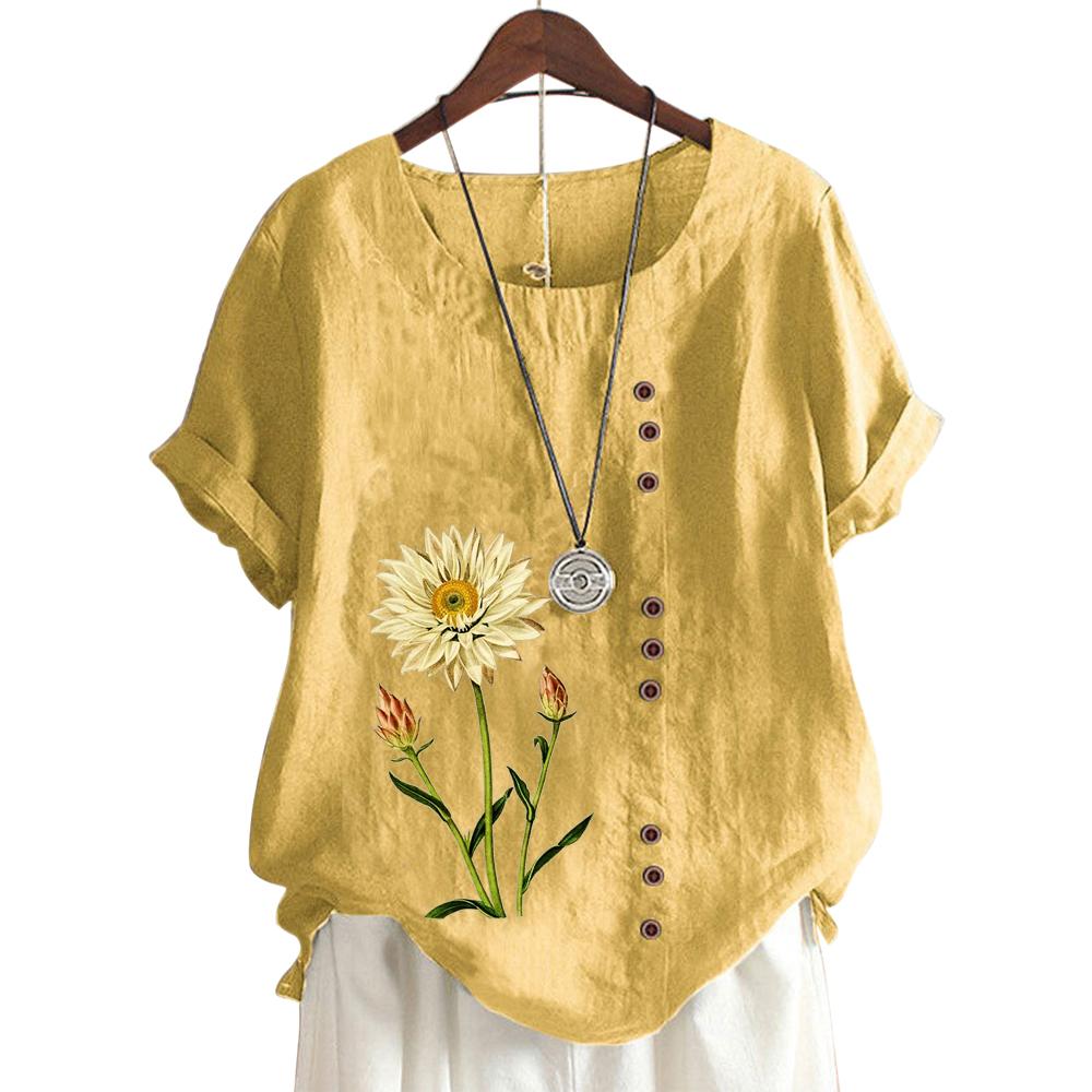 Women's Casual Cotton Short Sleeve Top with 11 Colorful Floral Prints and Round Neck