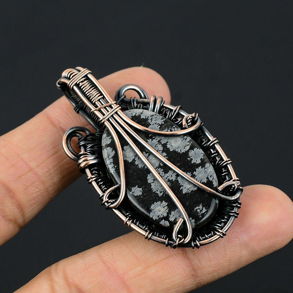 Snowflake Obsidian Pendant, 999 Copper Wire Wrapped Gemstone Handmade Dainty Jewelry Pendant, For Her