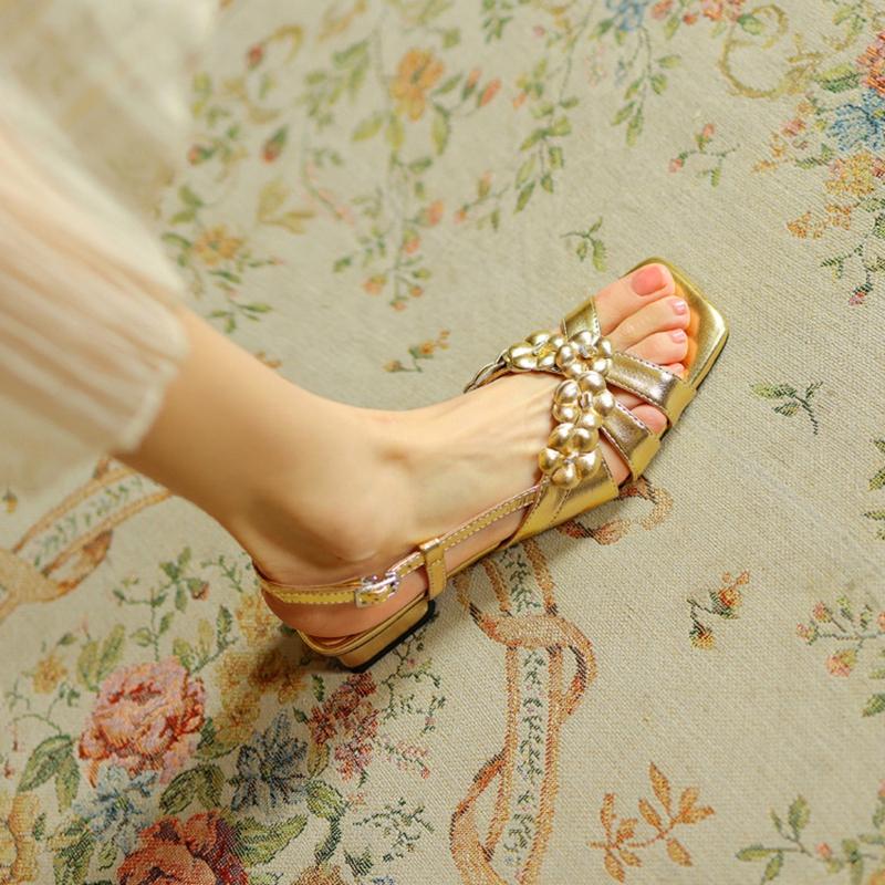 Fashion NEW Summer Women Sandals Square Toe Chunky Heel Shoes Split Leather Shoes for Women Narrow Band Flowers Buckle Strap Sandals