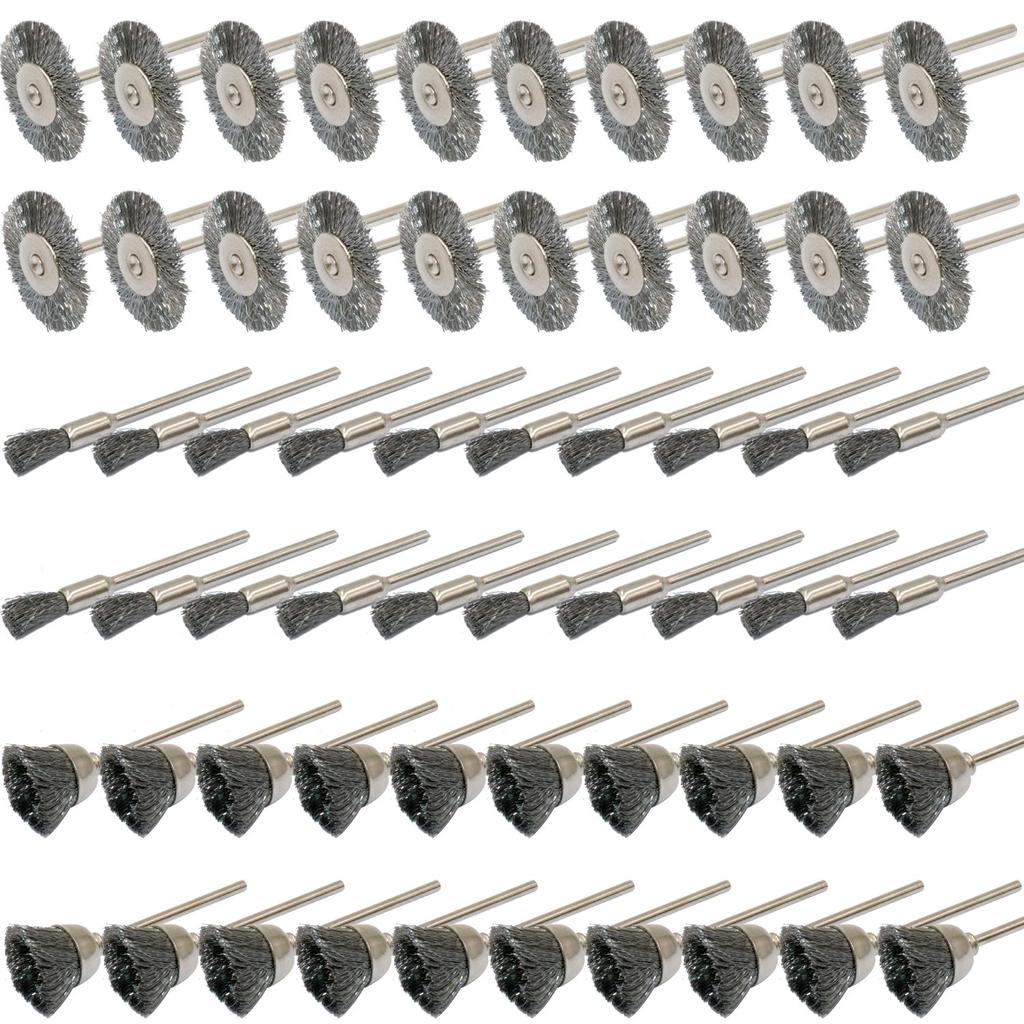 JINTONG Dremel Rotary Tool 3 Wire Steel Wire Wheel Polishing Grinding Bristle Polishing Dremel Rotary Tool Accessories Pack of 60 Brushes, Types