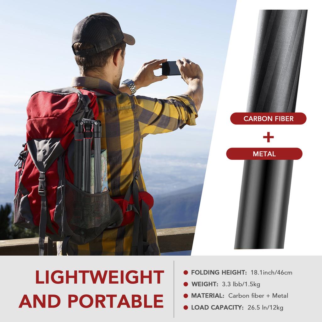 Andoer TTT-008 200cm/78.7in Adjustable Carbon Fiber Camera Tripod Stand Monopod 12KG Payload with