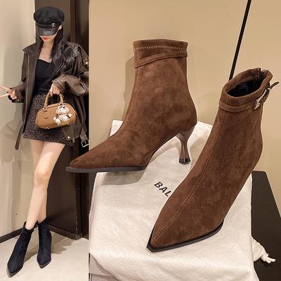 Французские замшевые ботильоны-лодочки на высоком каблуке цвета хаки, женские новые осенне-зимние ботинки 2025 года, корейские маленькие ботильоны