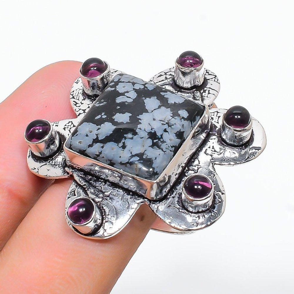 Snoflake Obsidian,Amethyst Gemstone 925 Sterling Silver Jewelry Ring Size 7 k9H86