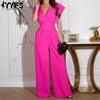 Women's Fashion Casual Summer Spring Solid Color Print Short Sleeve V-Neck High Waist Trousers Jumpsuits & Rompers