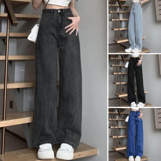 Women's Jeans with High Waist Zipper Closure Vintage Loose with Pockets Trousers Casual Wear Straight Wide Street Long Trousers