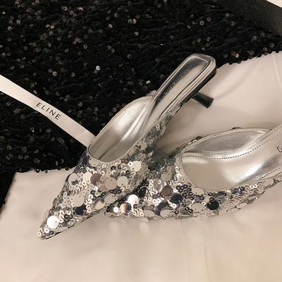 Индивидуальные 311-3 туфли на высоком каблуке с острым носком, женские летние туфли с блестками, корейская версия, тонкий каблук, одна педаль, сумка-мешок, полутапочки