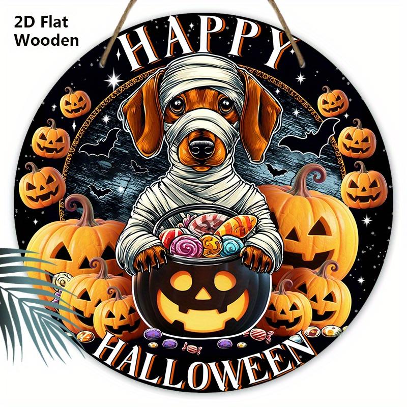 Halloween Wooden Sign with Bandaged Dog & Pumpkin Pattern - Unique Figurine Ornaments with Happy Halloween - Ideal for Front Door, Wall, Room Decor