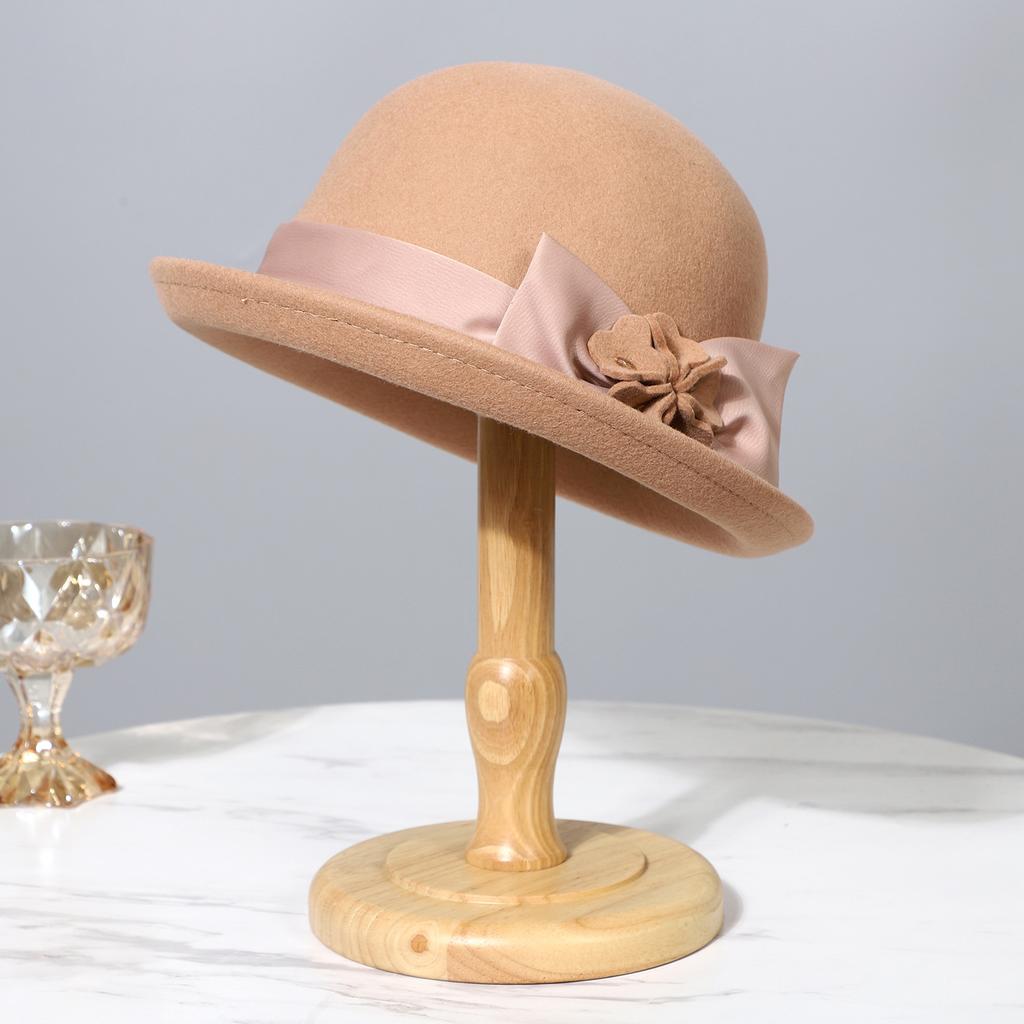 French retro wool curling gift hat ladies elegant bow woolen bucket hat autumn and winter thermos hat