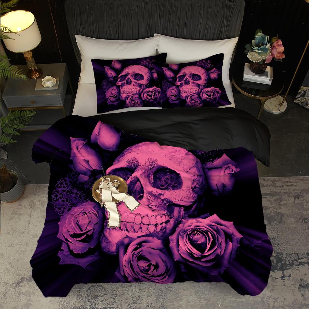 Violet Rose Golden Skull Pattern 3D Print Duvet Cover Halloween Gothic Style Bedding Set With Pillowcase Polyester Quilt Cover