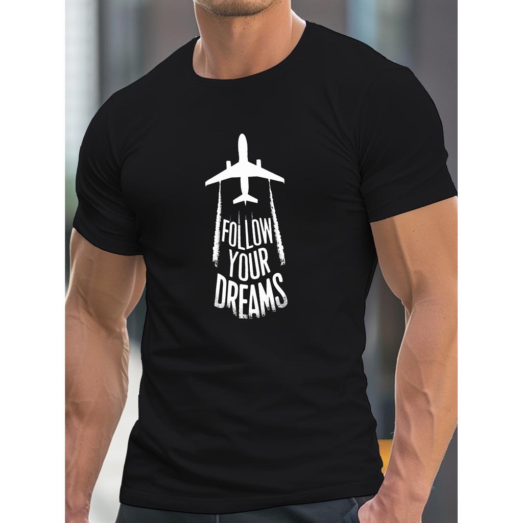 Airplane Follow Your Dreams Graphic Tee Men's Cotton Crew Neck T-Shirt Casual Short Sleeve Summer Fit