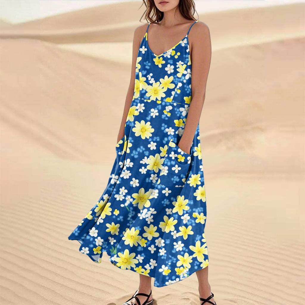 Женское модное повседневное длинное пляжное платье без рукавов с карманом и цветочным принтом