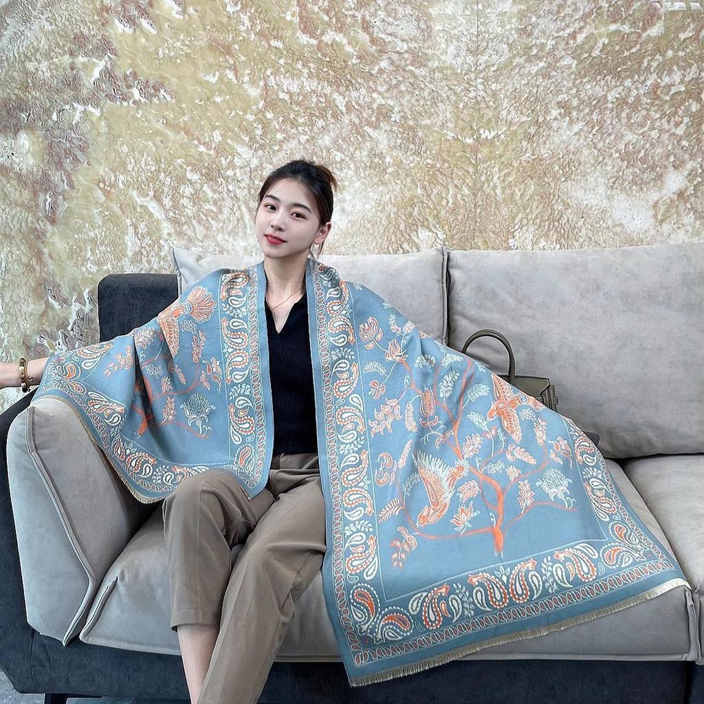 Shawl Bluebird Pattern Ethnic Style Cashew Flower Air Conditioned Room Nap Blanket Winter Warm Scarf for Women