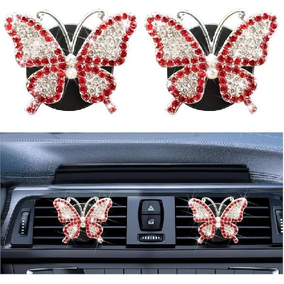 2PCS Bling Butterfly Car Freshener Air Vent Clips, Sparkling Crystal Rhinestone Auto Diffuser Clamps, Full Diamond Vehicle Interior Decoration Charm