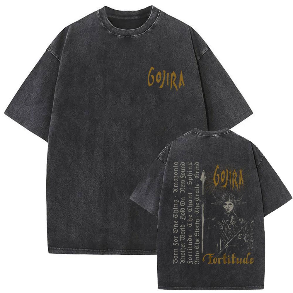 Стирка Винтажная Металлическая Группа Gojira Графическая Футболка Fortitude Мужская Мода Ретро Рок Футболки Мужская Хлопковая Оверсайз Футболка