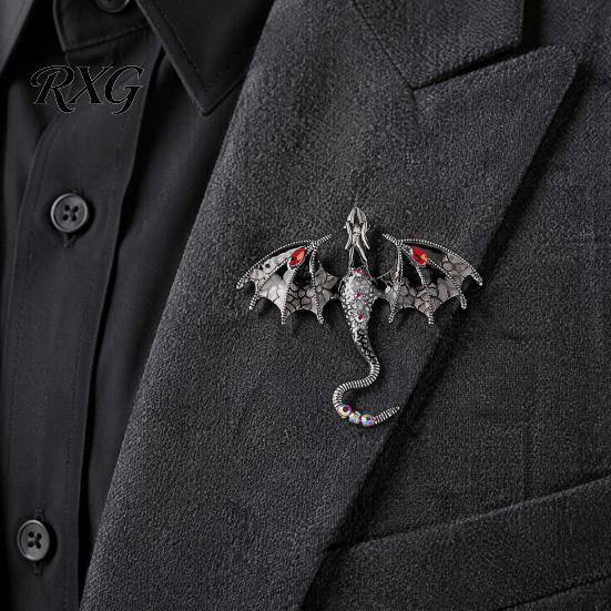 Long-lasting Dragon Pin 2Pcs Rhinestone Flying Brooch, Western Winged Lapel Pin, Alloy Brooch Sweater Cardigan Coat Suit Scarf Decor, Men Jewelry