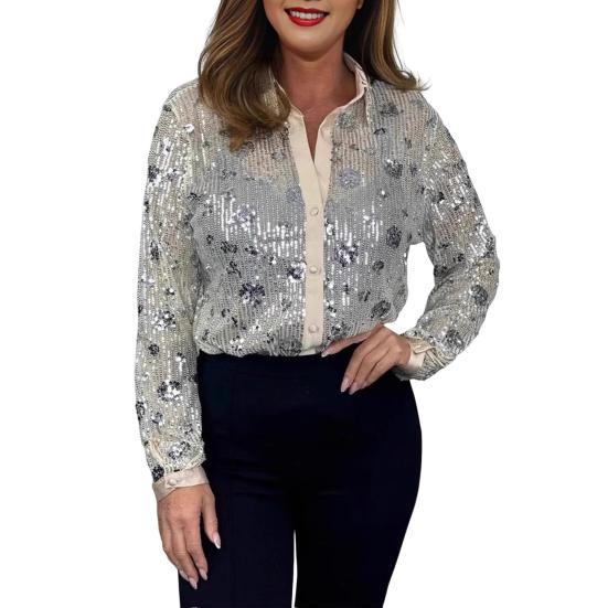 Женская рубашка с воротником из пайеток, рубашка с длинным рукавом и пуговицами, блестящая свободная блузка, топ для вечеринок, клубов, баров, повседневной носки