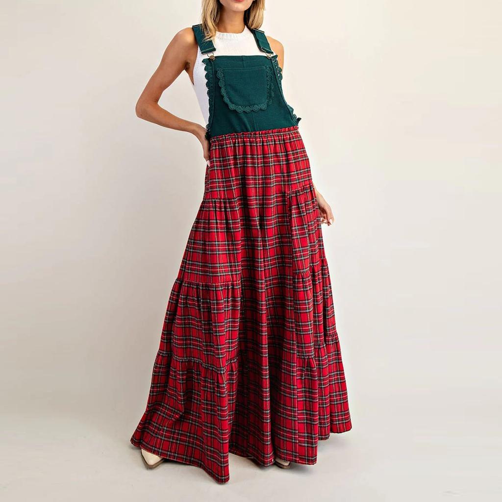 Women's Fashion Ruffled Pocket British Vintage Check Wide-Leg Colour-Blocking Suspender Jumpsuit