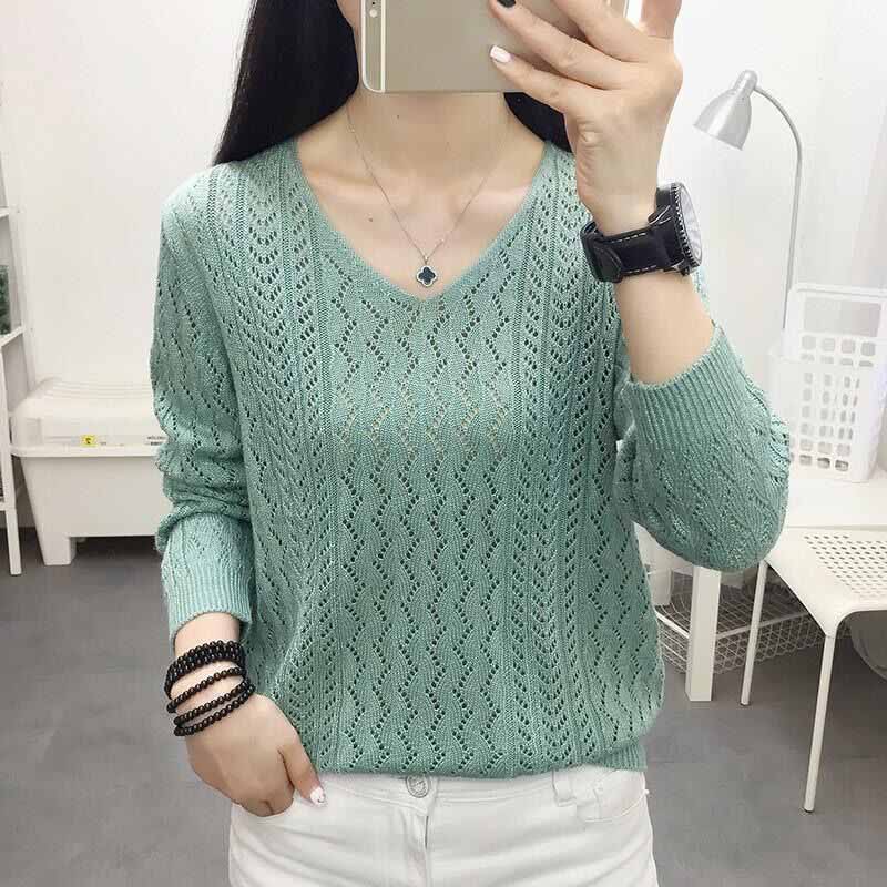 Женский пуловер с длинными рукавами, свободного кроя, с V-образным вырезом, ажурный свитер, весенне-осенняя темпераментная вязаная базовая рубашка
