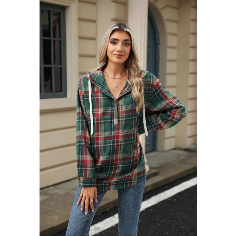 Осенне-зимняя женская куртка больших размеров с длинными рукавами и капюшоном на пуговицах, клетчатая толстовка