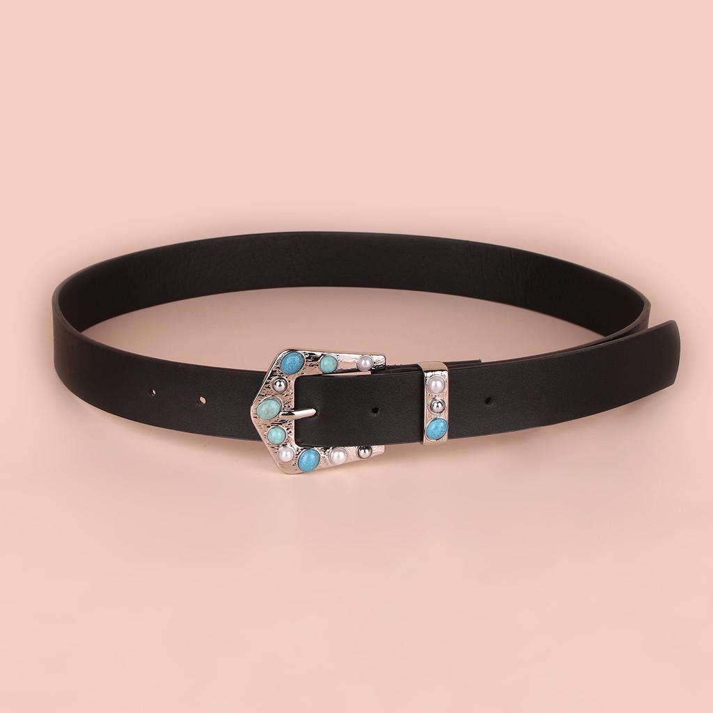 Blue Gemstone Inlaid Retro Classic Black Belt Diamond-encrusted Women's Flat Belt