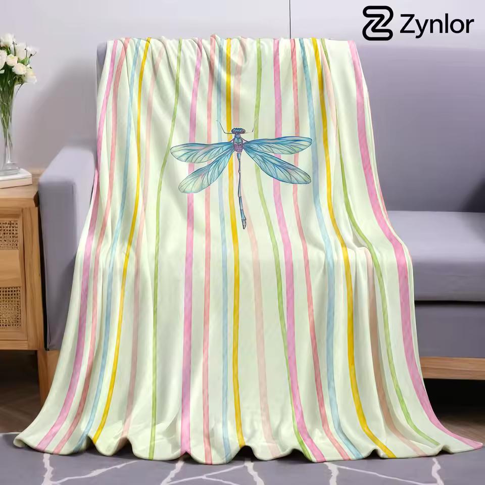 Watercolor Dragonfly Cartoon Anime Print Flannel Blanket Soft Warm Throw for Kids Bedroom Sofa Bed Christmas Office Car