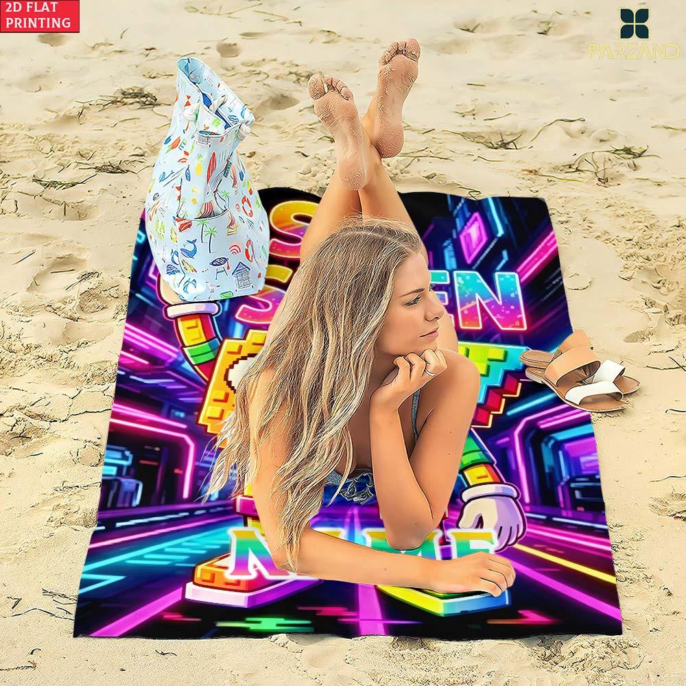 1pc  Neon Pixel Number 67 Personalized Name Beach Towel, Cyberpunk Kids Summer Pool Towel