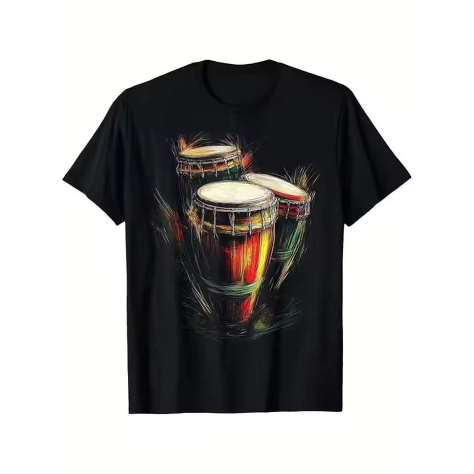 Mens Afro Cuban Music T Shirt Heavyweight 180G Drummers Design Redyellowgreen Print Loose Fit Crewneck Sizes S X Short Sleeve Wear