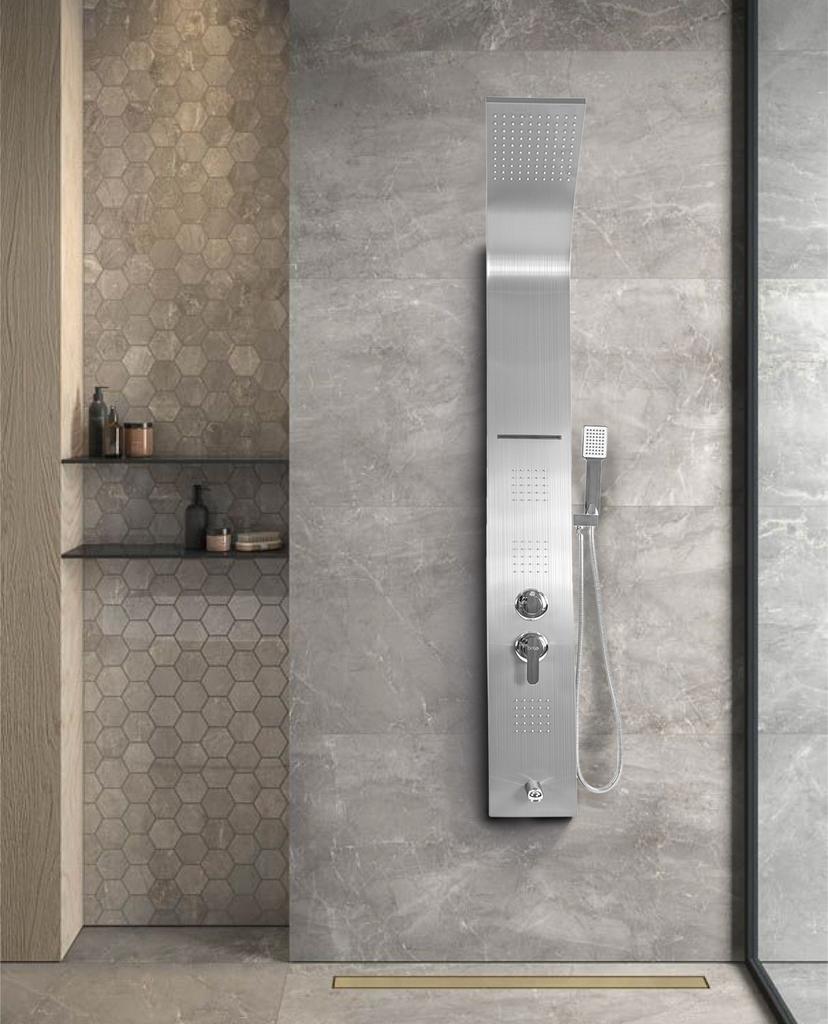 Shower panel with hydromassage, faucet, shower column, rain shower